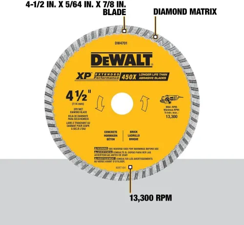 Vista 2 de DEWALT Hoja de diamante, corte seco o húmedo, borde continuo, eje de 7/8 pulgadas, 4-1/2 pulgadas (DW4701)