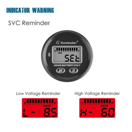 Vista 6 de Runleader Medidor de nivel de batería Bluetooth LCD de 12 V a 48 V, medidor de voltios con alerta, registro de horas de funcionamiento para troyano