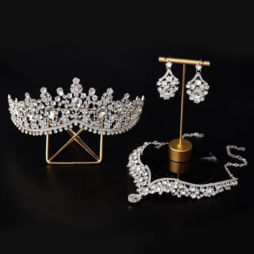Vista 7 de SWEETV Corona de boda para novia, paquete de 3 aretes de tiara, juego de joyas para novia, fiesta de disfraces de cristal, cumpleaños, graduación