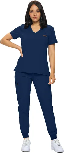 Vista 3 de MONARCH UNIFORMS Conjunto de ropa quirúrgica elástica para mujer en pantalones regulares y pequeños con parte superior para mujer