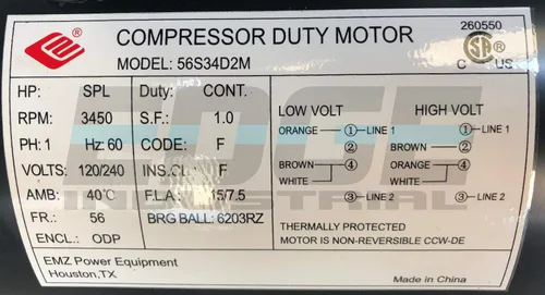 Vista 6 de NUEVO 2 HP SPL Compressor Duty Motor eléctrico, 3450 RPM, marco 56, diámetro del eje de 5/8 pulgadas, 120/240 voltios