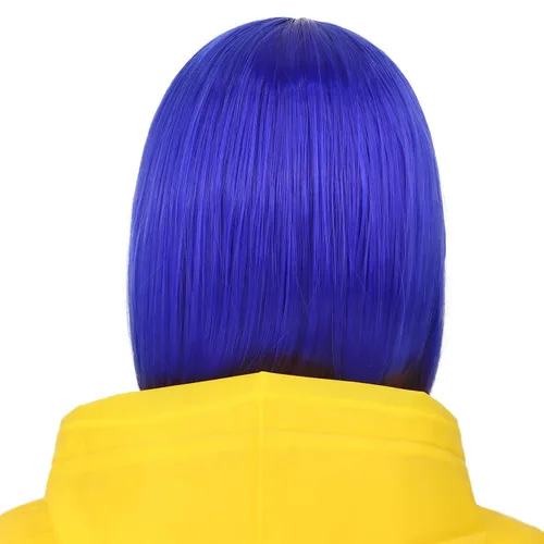 Vista 4 de Peluca de cosplay estilo Bob azul oscuro + horquilla de libélula + collar para fiesta, disfraz de Halloween, peluca de mujer