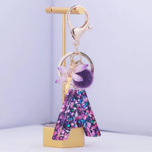 Vista 2 de SELOVO Llavero de libélula morada con letra inicial mayúscula para mujeres y niñas