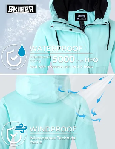 Vista 6 de Skieer Chaqueta de esquí impermeable con capucha para mujer, chaqueta de invierno cálida para la nieve