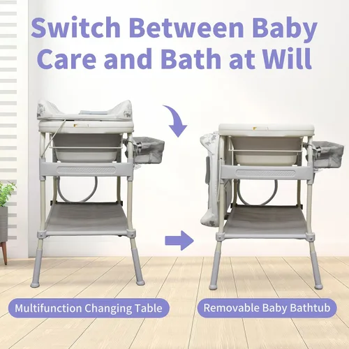 Vista 3 de Cambiador de bebé 2 en 1 con bañera, DEYGIA Estación de cambio de pañales impermeable con mesa de cambio portátil de altura ajustable, organizador