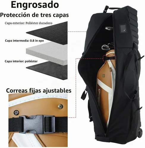 Vista 8 de Bolsa de viaje de golf con ruedas con soporte, ajustable de 2 o 4 ruedas, protección acolchada gruesa, funda de viaje con asas, con cremallera