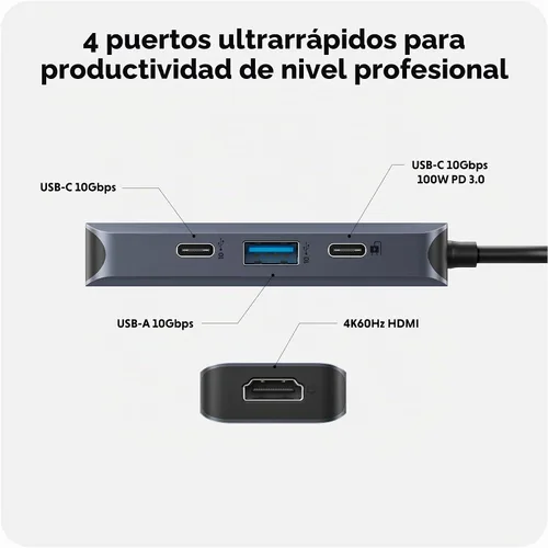 Vista 2 de HyperDrive Next Hub USB C de 4 Puertos para Mac, PC, Chromebook con HDMI 4K60Hz, 2 USB-A, Hub USB C 10Gbps, Puertos USB-C 10Gbps 100W de Entrega