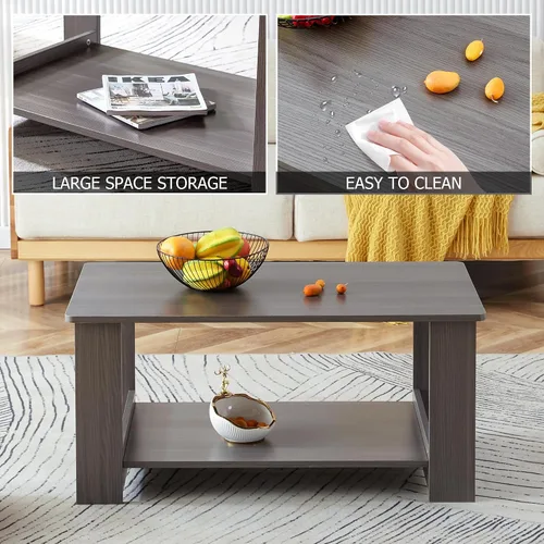 Vista 8 de Mesas de centro modernas de 2 niveles rectangulares de madera con amplio almacenamiento, perfectas para sala de estar, decoración de sala