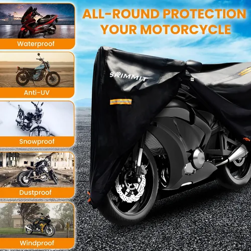 Vista 4 de Funda para motocicleta resistente, cubierta de motocicleta 420D, sol, protección impermeable al aire libre, con ventana de matrícula, 4 tiras