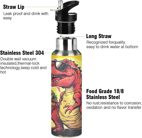 Vista 3 de Stainless Steel Vacuum Insulated Water Bottle 20 Oz, Leakproof Water Bottles for Gym Outdoor Travel School, Red Dinosaur Hamburger Yellow