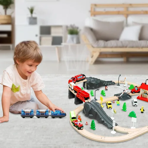 Vista 5 de Juego de pistas de tren de madera con pilas, juguete de alta velocidad para niños de 3, 4, 5 años, acoplamientos magnéticos para niños y niñas