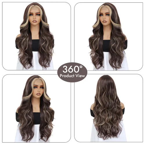 Vista 4 de Peluca de cabello sintético ondulado con encaje frontal, peluca marrón con reflejos rubios, pelucas largas onduladas de 28 pulgadas para mujeres