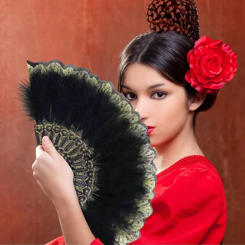 Vista 6 de Namalu - Abanico de plumas bordado, 2 piezas, diseño de marabú de los años 20, plegable, drag queen para mujeres de los años 20, disfraz de fiesta