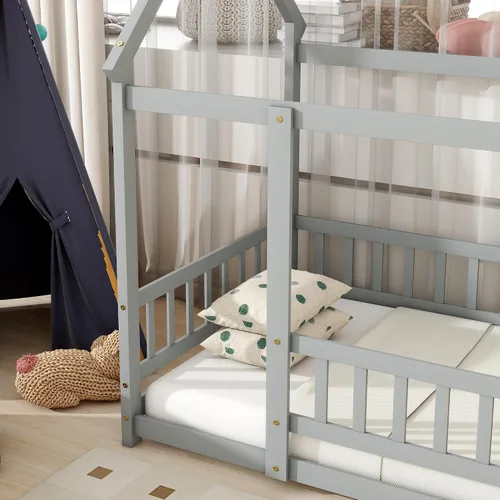 Vista 9 de Harper & Bright Designs Marco de cama de piso de casa de tamaño individual con barandillas de techo y valla, cama Montessori de madera maciza, fácil