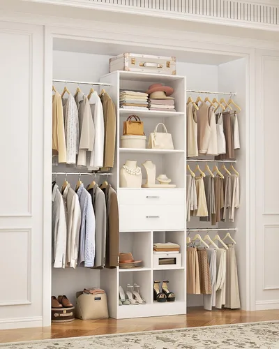 Vista 18 de Besiost Sistema de armario pequeño, organizador de armario pequeño de 3.2 a 6.8 pies con 2 cajones de madera y 5 varillas para colgar, puede