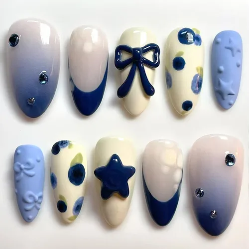 Vista 29 de 24 piezas de uñas postizas de punta francesa a presión, uñas postizas medianas en forma de almendra con diseño de ondas azul oscuro, uñas postizas