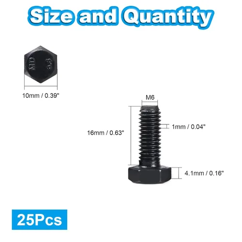 Vista 2 de Tornillos hexagonales M6, pernos de cabeza hexagonal M6-1.0 x 16mm, acero al carbono Grado 8.8, acabado de óxido negro, rosca completa, pernos