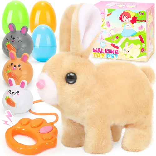 Vista 8 de CatchCute - Conejitos de peluche de Pascua para niños, conejo interactivo con sonidos, puede caminar y mover la cola con correa de control remoto