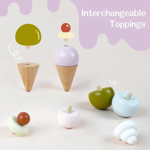 Vista 2 de Juego de helados de madera de Pillowhale para niños – 24 piezas Juguetes de simulación de helados con conos, paletas, coberturas, salsas y cucharas
