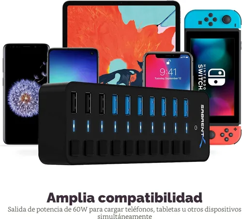Vista 2 de SABRENT Hub USB 3.0 alimentado de 10 puertos, 3 puertos de carga, 60 W