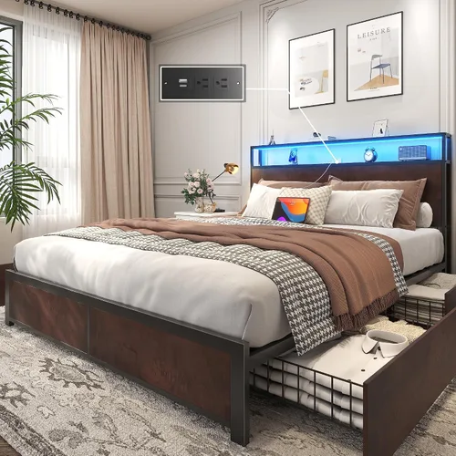 Vista 15 de Lifezone Base de cama Queen con cabecera de almacenamiento de 2 niveles, base de cama de plataforma de metal con 4 cajones de almacenamiento, gris