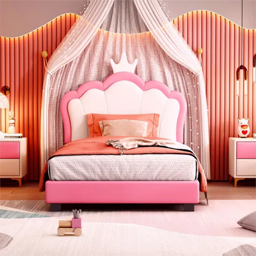Vista 3 de Bonita cama de princesa tapizada de tamaño individual con cabecera corona, plataforma de piel sintética rosa para niños y niñas, no requiere somier