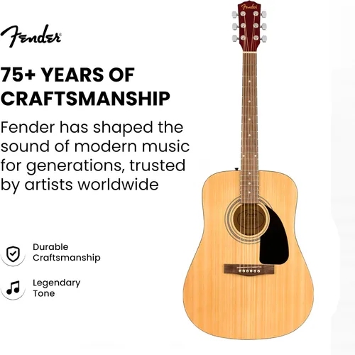 Vista 2 de Fender Guitarra acústica Dreadnought - Paquete natural con estuche, afinador, cuerdas, correa y púas