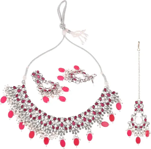 Vista 5 de Efulgenz Jewelry Sets for Women Necklace Earrings and Maangtikka Bohemian Indian Oxidized Vintage Bridal Sets Faux Pearl Kundan Choker Necklace