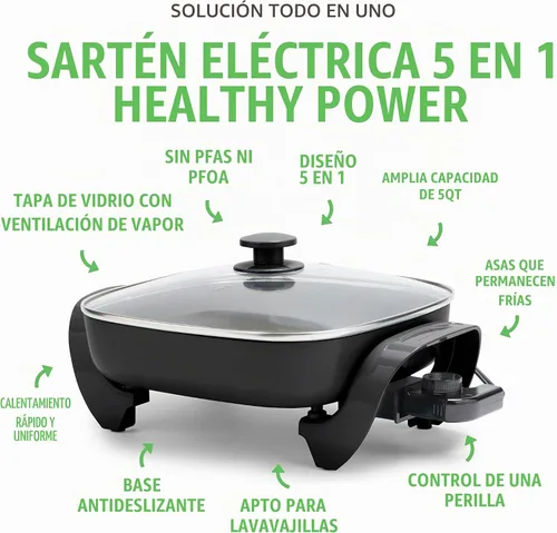 Vista 3 de GreenLife - Sartén eléctrica cuadrada de 12" 5QT, tapa de vidrio con ventilación, interior antiadherente de cerámica libre de PFAS, control