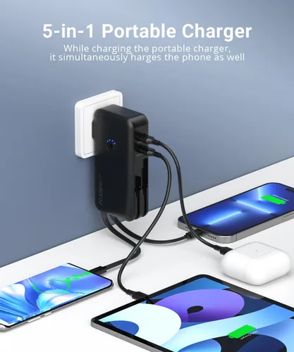 Vista 3 de QiSa Cargador Portátil, Banco de Energía, Banco de Energía de 16000mAh con Enchufe de Pared AC Incorporado y Cables, Cargador Rápido PD 30W y QC4.0