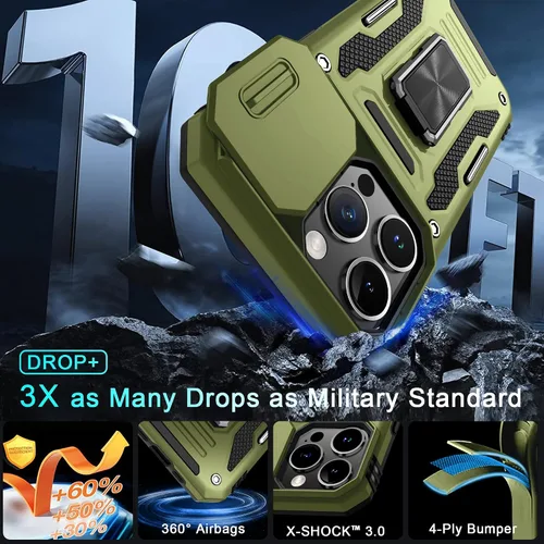 Vista 220 de DEERLAMN Funda para iPhone Xs Max con funda deslizante para cámara + protector de pantalla, soporte giratorio de anillo de grado militar a prueba