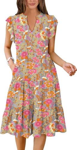Vista 21 de ANRABESS Vestido de verano para mujer, manga con volantes, cuello en V, vestido midi a la moda, casual, holgado, escalonado, bohemio, playa