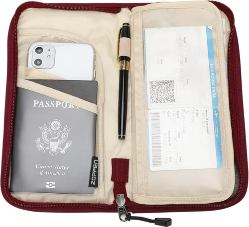 Vista 4 de ZOPPEN Cartera de viaje RFID y organizador de documentos con cremallera con correa de muñeca extraíble, Cartera RFID