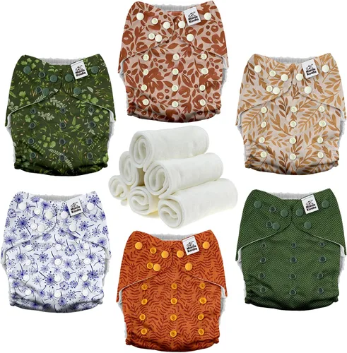 Vista 2 de Mama Koala Pañales de tela para bebé 2.0 con 6 insertos (hojas neutrales), con 2 bolsas impermeables para húmedo y seco