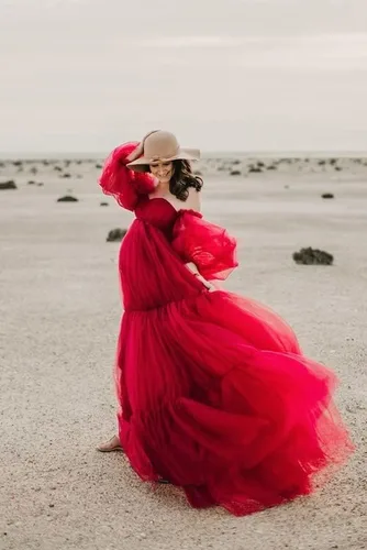 Vista 9 de Vestidos de maternidad de tul para sesión de fotos, batas de hombros descubiertos, manga larga, lencería nupcial, baby shower, vestidos de embarazo