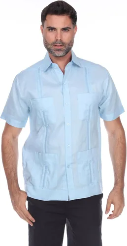 Vista 3 de Camisa Guayabera clásica con cuatro bolsillos para hombre, mezcla de polialgodón y manga corta