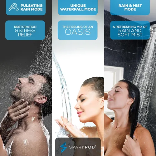 Vista 2 de SparkPod Cabezal de ducha de mano de 5 pulgadas con 9 ajustes de pulverización, pausa de ahorro de agua con interruptor de encendido/apagado