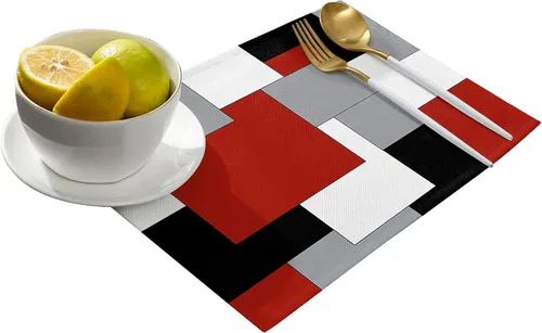 Vista 2 de Juego de 4 manteles individuales de color rojo, negro y gris, manteles individuales con aislamiento térmico antideslizantes, lavables, manteles