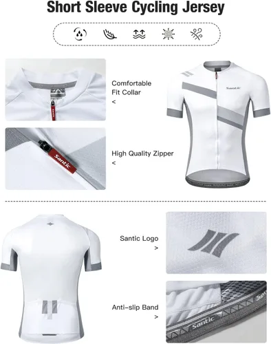 Vista 4 de Santic Camiseta de ciclismo para hombre, manga corta, camiseta de ciclismo de carretera, con cremallera completa, UPF 50+, MTB con bolsillos