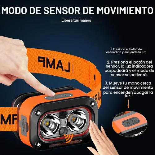 Vista 7 de Linterna frontal recargable, lámpara LED ligera, linterna de cabeza con sensor de movimiento, luz de cabeza impermeable súper brillante
