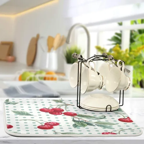 Vista 5 de Tapete de secado de platos con diseño de lunares de cereza y acuarela, para encimeras de cocina, fregaderos, tapete de secado absorbente resistente