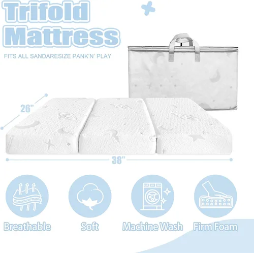 Vista 7 de Tri-fold Pack and Play Mattress, 38x26 Memory Foam & High Density Foam Baby Mattress for Pack N Play, Foldable Travel Pack N Play Mattresses