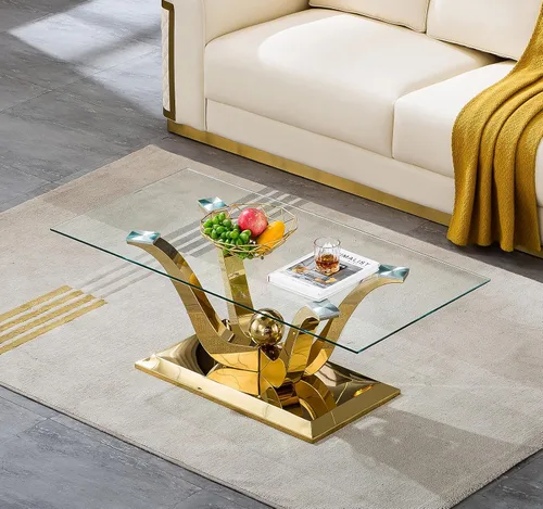 Vista 4 de SSLine Mesa de centro moderna de 1 pieza para sala de estar, mesa de centro de vidrio templado de lujo con base de acero inoxidable en forma de flor