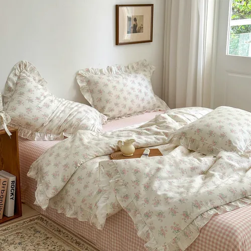 Vista 9 de MKXI Juego de ropa de cama con diseño de corbata de moño linda y rayas de flores rosas, tamaño individual, de algodón - Funda de edredón