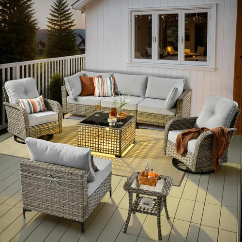 Vista 7 de HOOOWOOO Juego seccional de 2 piezas para patio al aire libre con 2 sillas medias sin brazos, color beige