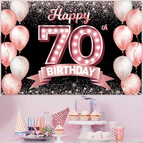 Vista 238 de Cartel de feliz cumpleaños décimo oro rosa, telón de fondo, saludos a 10 años, globos de confeti, decoración temática para niñas de 10 años
