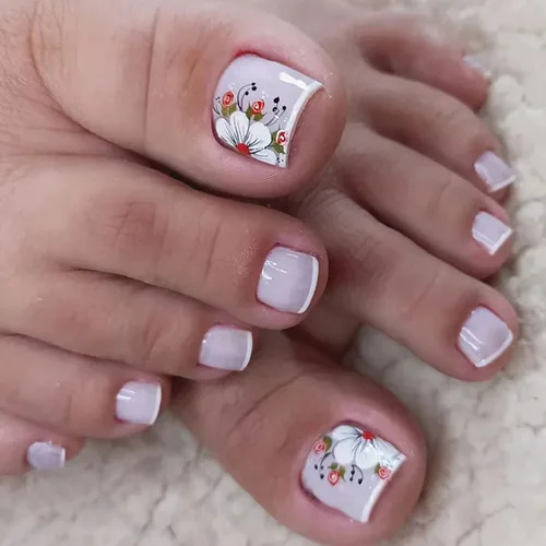 Vista 30 de Uñas postizas acrílicas artificiales negras para los dedos de los pies, ataúd a presión con diseños de flores blancas, uñas postizas reutilizables