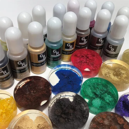 Vista 2 de Juego de tinta de alcohol metálico, 16 colores metálicos a base de alcohol para arte de resina, arte fluido, manualidades de resina, placa de Petri