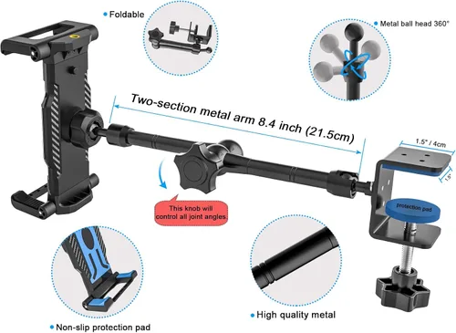 Vista 7 de Soporte para tableta de cocina de escritorio, cajas de costura, brazo de metal ajustable, soporte de montaje para tableta para iPad Pro 12.9 Air
