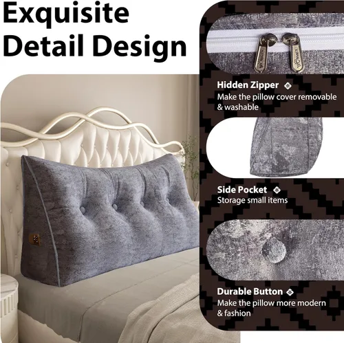 Vista 107 de Almohada de cabecera gruesa totalmente rellena tamaño Queen, cabecera acolchada suave y firme, soporte grande, triangular, almohada de cuña